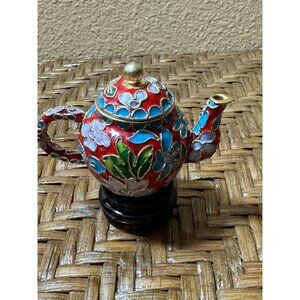Miniature Cloisonné Enamel Teapot With Stand  Floral Design  Blue Interi…